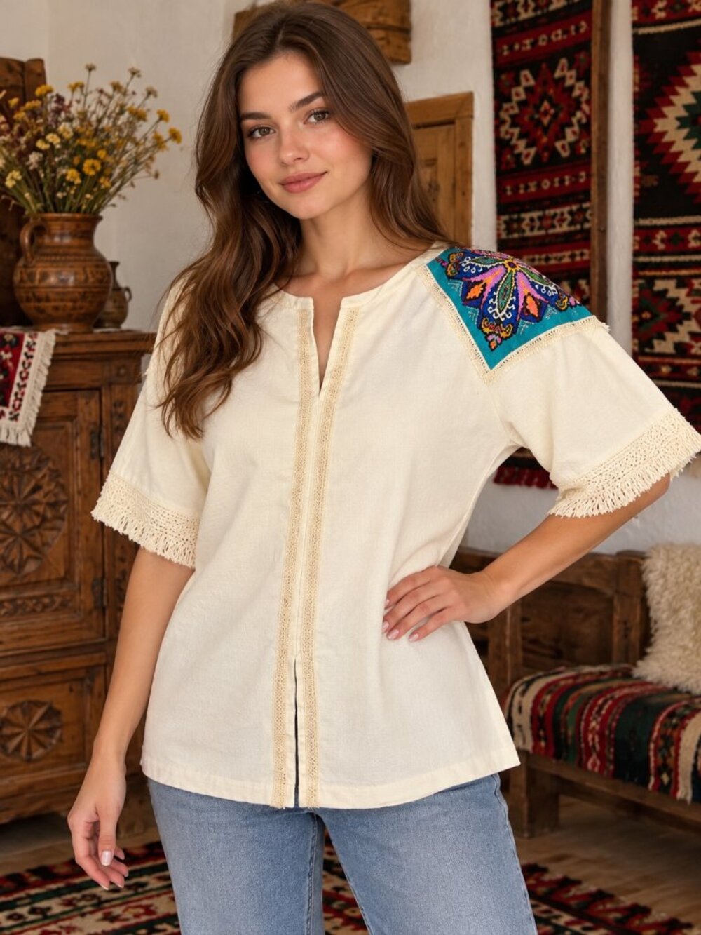 One of a Kind Hand Embroidered Linen Blouse Boho Folk Art Fringe Top